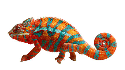 Vibrant orange and turquoise panther chameleon with curled tail © Lysander