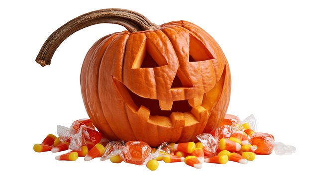 Carved jack-o-lantern pumpkin with candy corn and wrapped orange hard candies