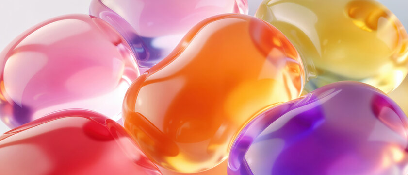 Colorful abstract glossy glass shapes with internal liquid light