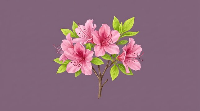 Pink azalea flowers with green leaves on purple background