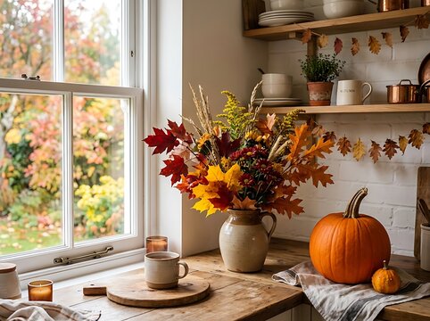 Cozy autumn kitchen interior with fall decor by window.