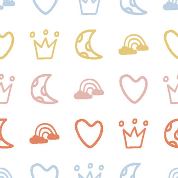 Hearts Crowns Moons Rainbows Seamless Pattern