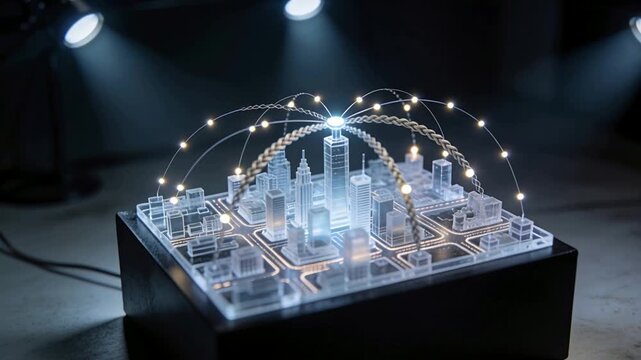 Demonstrating clear acrylic mini city model on bench, cable powering LEDs moving along braided arcs