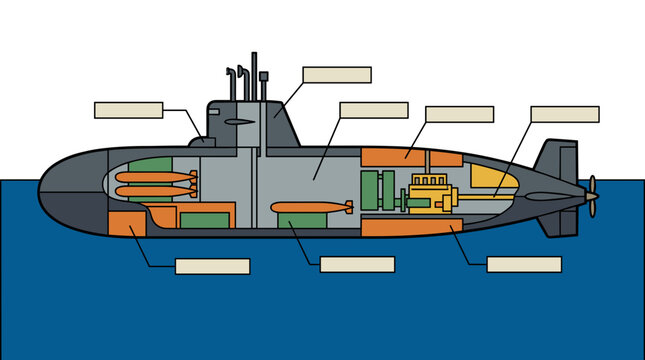Cutaway illustration of a submarine showing internal components and torpedoes