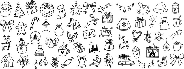Obraz na płótnie Canvas Hand drawn Christmas doodle collection with Santa, gifts, ornaments, snowman, reindeer and cozy winter holiday symbols in black outline style