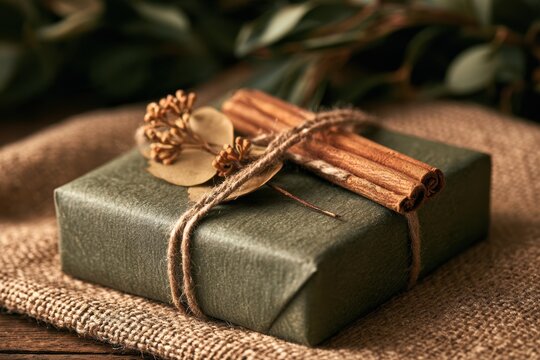 Green gift box wrapped with twine, cinnamon sticks, and dried natural elements