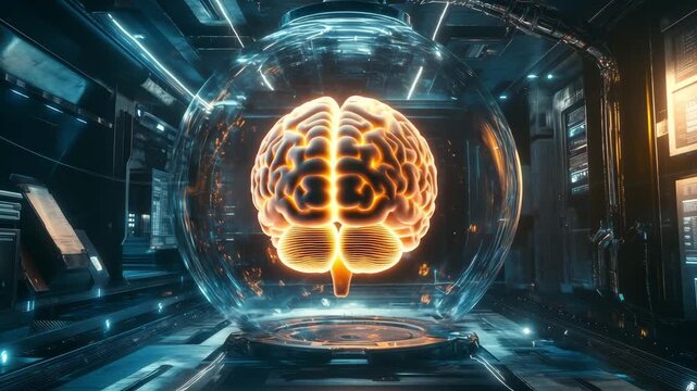 A digital brain model inside a glass enclosure showcases innovative technology in a futuristic lab environment