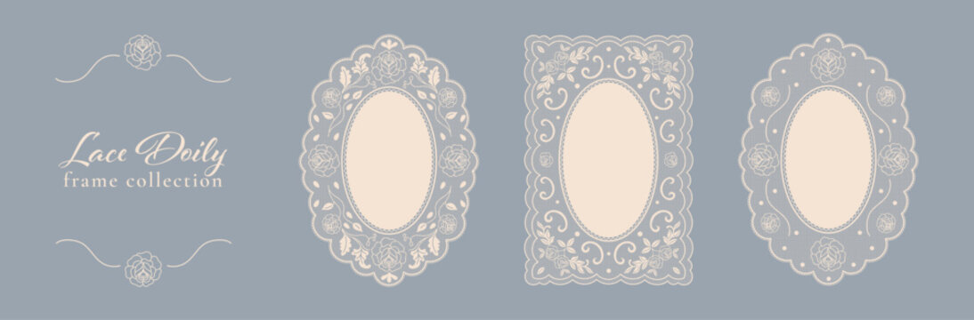 Lace doily frames with scalloped border, antique crochet details and vintage coquette charm. Pretty floral, elegant motif patterns create decorative ornament for cards, wedding invitations, or designs