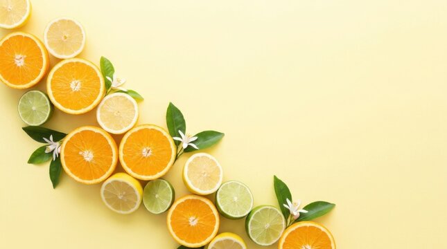 Citrus Slices of Orange Lemon and Lime Arranged Diagonally on Yellow