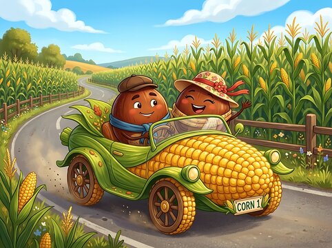 Cartoon nut characters riding corn shaped convertible on farm road.