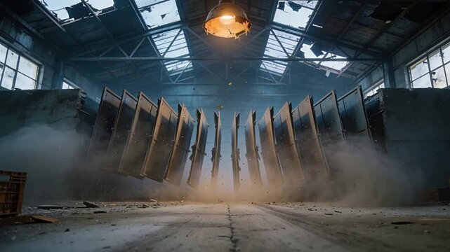 Tilting row of metal panels swinging outward in warehouse opening into dramatic arc, lamp falling
