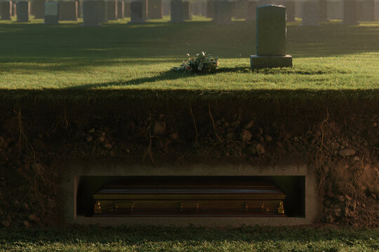 Cemetery grave cross section underground burial plot memorial stone green grass burial vault solemn quiet mournful