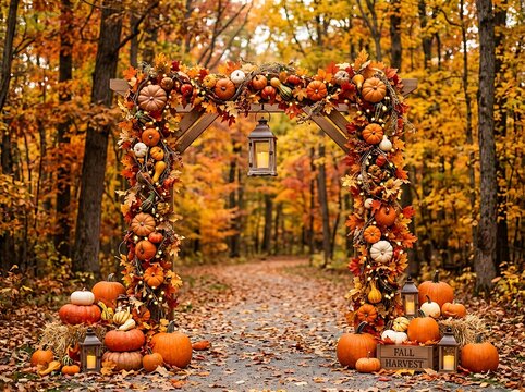 Ornate fall harvest archway decorated with pumpkins in forest path.