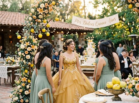 Joyful quincea&ntilde;era in yellow gown celebrates with friends at outdoor event.