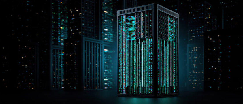 Digital data center server rack glowing in dark city night, futuristic network tower with cyber light