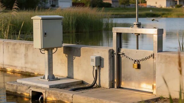 Flying dragonflies crossing concrete sluice gate apron at suburban pond, attracted by golden light