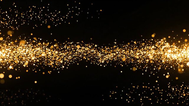Golden glitter particles bokeh wave abstract luxury festive background with shimmering lights on black