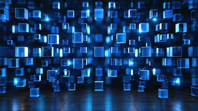 Abstract digital background blue cube futuristic hologram glowing square 3d render dark space technology pattern floating shape neon light data grid