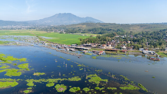 Aerial view of Rawa Pening lake with surrounding rice fields, a small village, and a distant mountain under a clear sky in Salatiga, Central Java, Indonesia.