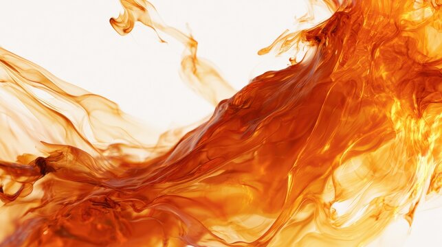 Warm amber liquid flows and spreads softly, creating an abstract motion in a light space. The scene shows a gentle glow and warmth.