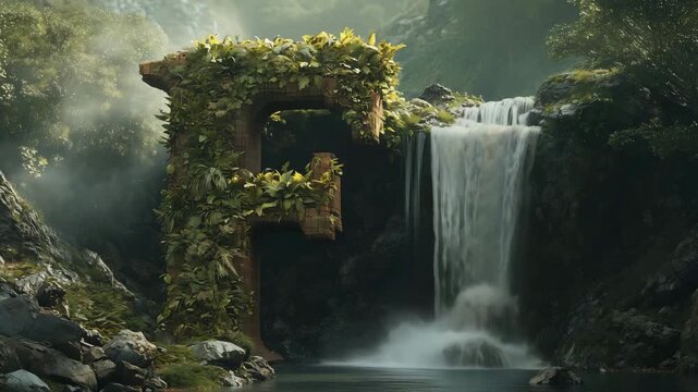 A waterfall flows over rocks next to a moss covered structure surrounded by dense greenery in daylight