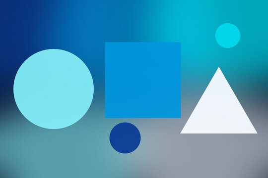 Abstract geometric shapes featuring circles squares and triangles arranged on a smooth gradient blue background with soft lighting for a clean modern and minimalist graphic design