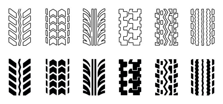 Various tire tread patterns in outline and solid black styles showing different designs for vehicles and machinery
