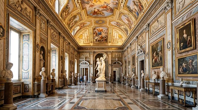 Lavish Hallway with Ornate Ceiling and Classical Statues in European Palace