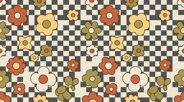 Retro seamless pattern with colorful flowers on a checkered background in vintage seventies style