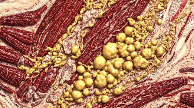 Skeletal muscle tissue affected by Duchenne muscular dystrophy, showing damaged muscle fibers and progressive replacement of healthy muscle tissue with fatty connective tissue