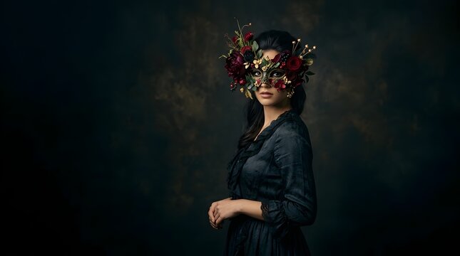 Mysterious woman wearing a floral masquerade mask against a dark background