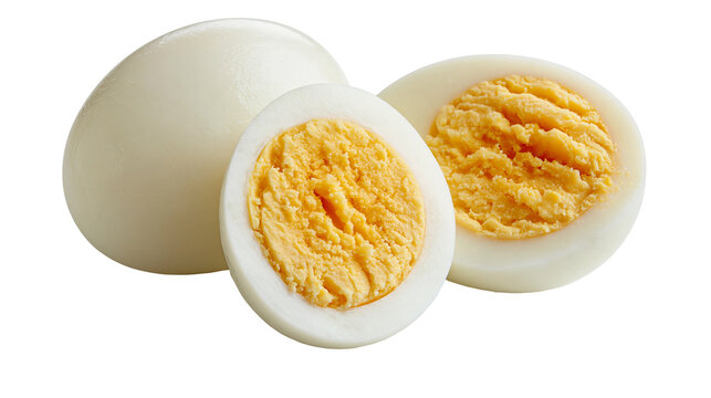 Hard boiled egg cut in half showing yellow yolk and white albumen