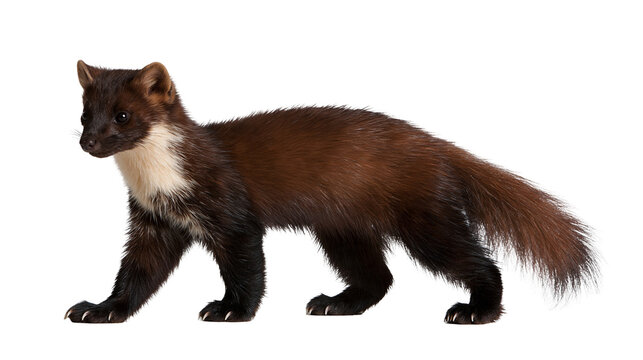 European pine marten with brown fur and white throat patch standing in profile