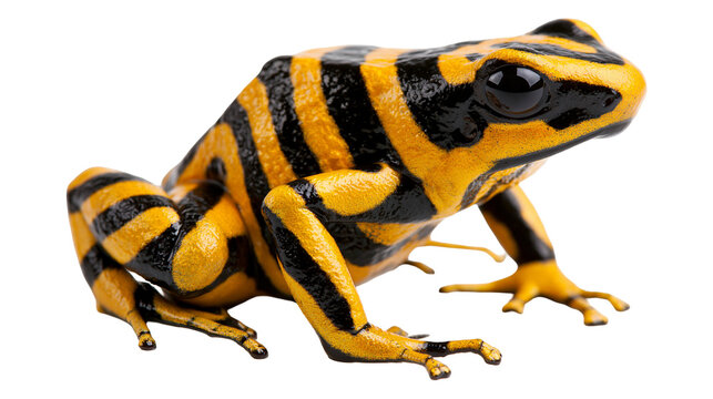 Yellow and black striped poison dart frog sitting in profile
