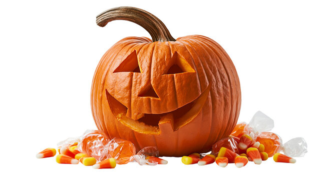 Carved jack-o-lantern pumpkin with candy corn and wrapped orange candies
