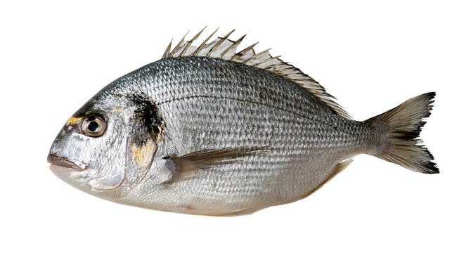 Fresh whole gilthead sea bream fish with silver scales and spiny dorsal fin