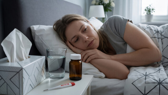 A sick woman lies in bed with a fever, looking exhausted and unwell. A bottle of medicine and thermometer sit on the nightstand during her recovery at home