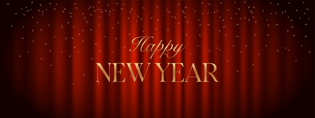 Fototapeta na wymiar Elegant Happy New Year greeting with golden typography and falling confetti on luxurious red curtain background, ideal for festive banners and cards
