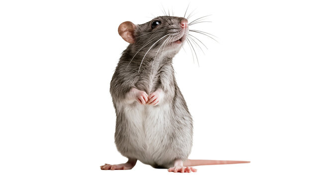 Grey domestic pet rat standing on hind legs looking up