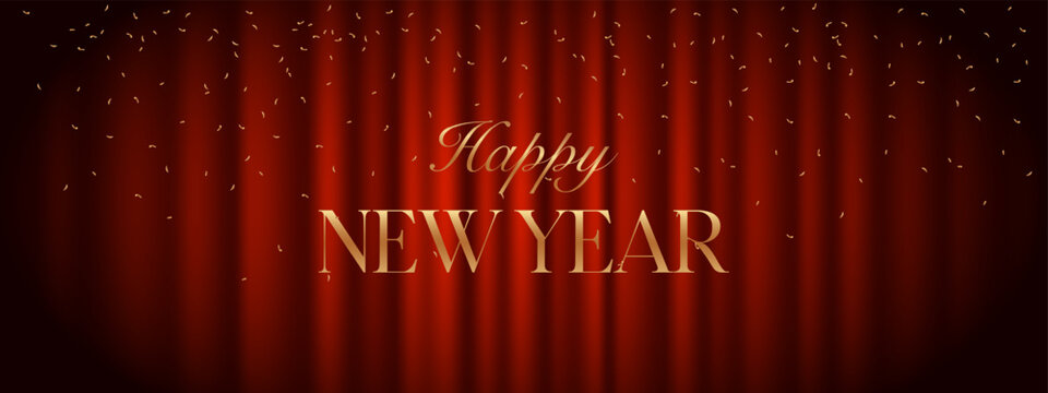 Elegant Happy New Year greeting with golden typography and falling confetti on luxurious red curtain background, ideal for festive banners and cards
