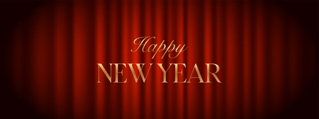 Obraz premium Elegant Happy New Year greeting with luxurious golden typography on a deep red curtain background, ideal for festive cards, banners and invitations