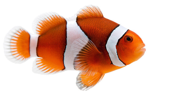 Bright orange clownfish with white vertical stripes and translucent fins