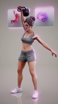 Conceptual 3D illustration of a fit woman doing kettlebell exercise with benefits for the gut microbiome and brain