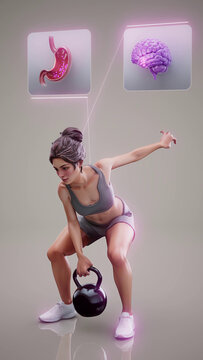 Conceptual 3D illustration of a fit woman doing kettlebell exercise with benefits for the gut microbiome and brain