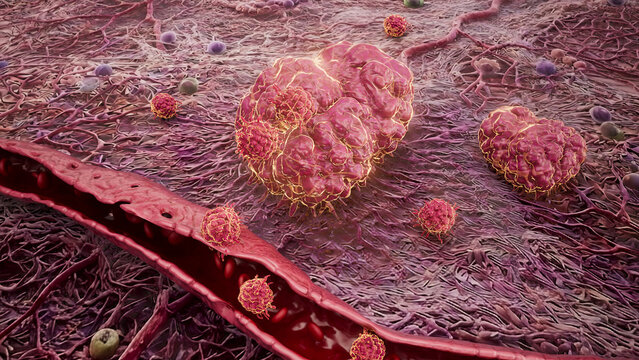 Conceptual 3D illustration of cancer cells metastasizing through a blood vessel