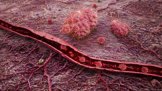 Conceptual 3D illustration of cancer cells metastasizing through a blood vessel