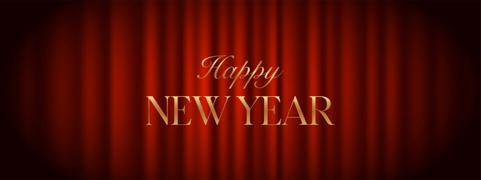 Elegant Happy New Year greeting with luxurious golden typography on a deep red curtain background, ideal for festive cards, banners and invitations