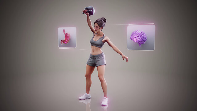 Conceptual 3D illustration of a fit woman doing kettlebell exercise with benefits for the gut microbiome and brain