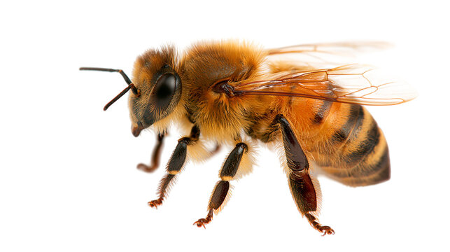 Detailed macro shot of a fuzzy honey bee with translucent wings and striped body