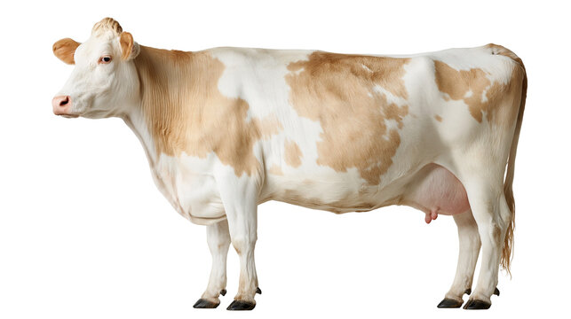 White and tan spotted dairy cow standing in profile